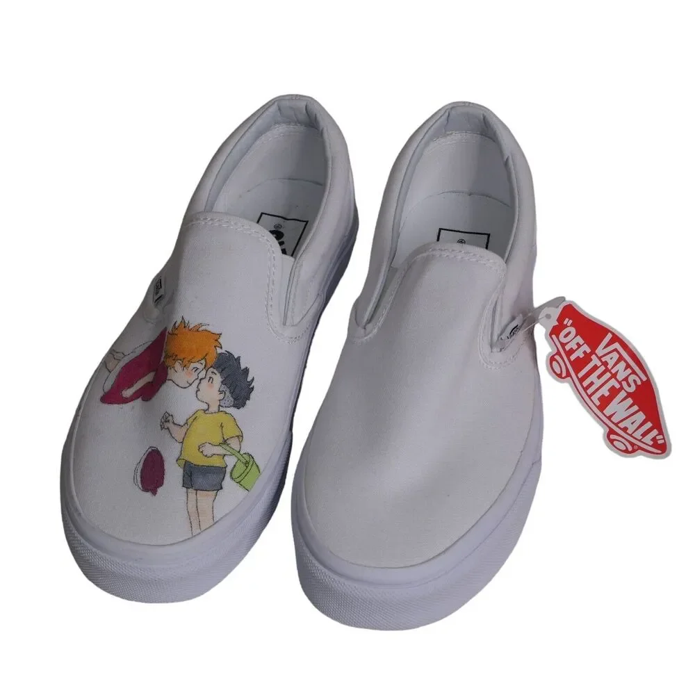 NWT Vans Art Hand Drawn Ponyo Studio Ghibli Women's 7.5 White Shoes Cartoon SPOT